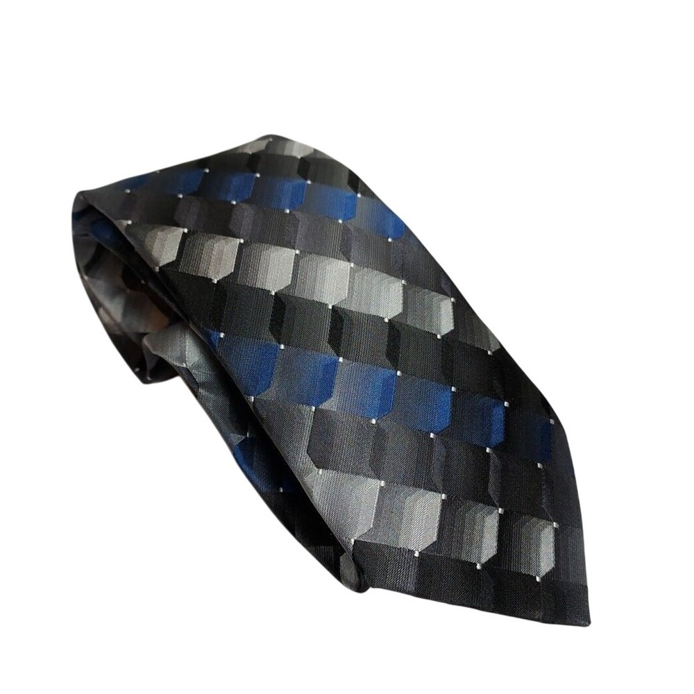 Mens 100% Silk Necktie Blue Grey Black Geometric Block Pattern Tie Office Formal